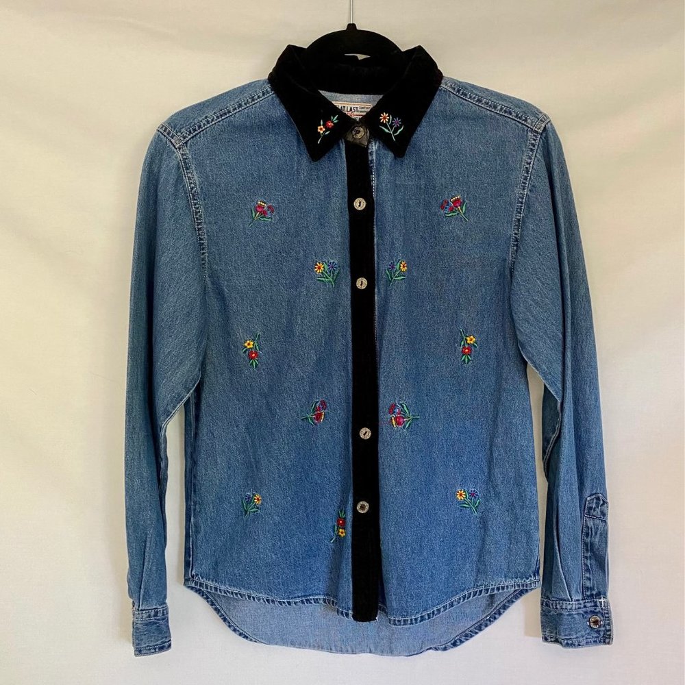 Vtg Floral Denim Western Button Down Shirt